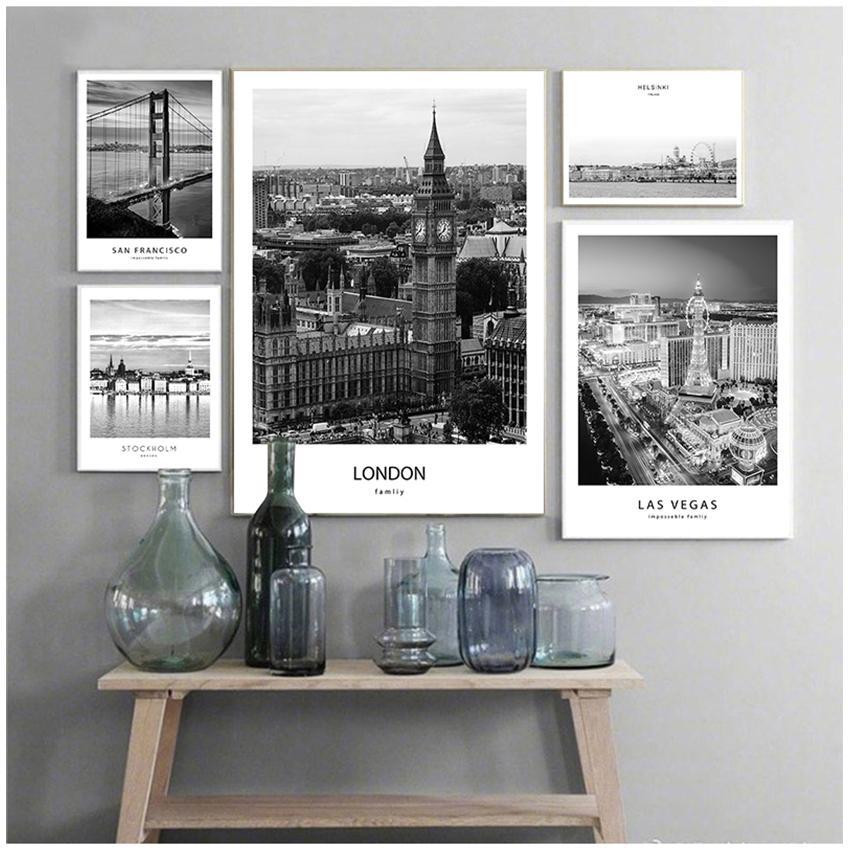 And White Pictures for Living Room Home Decor Modern New York London Paris City Wall Art Landscape Posters and Prints Black