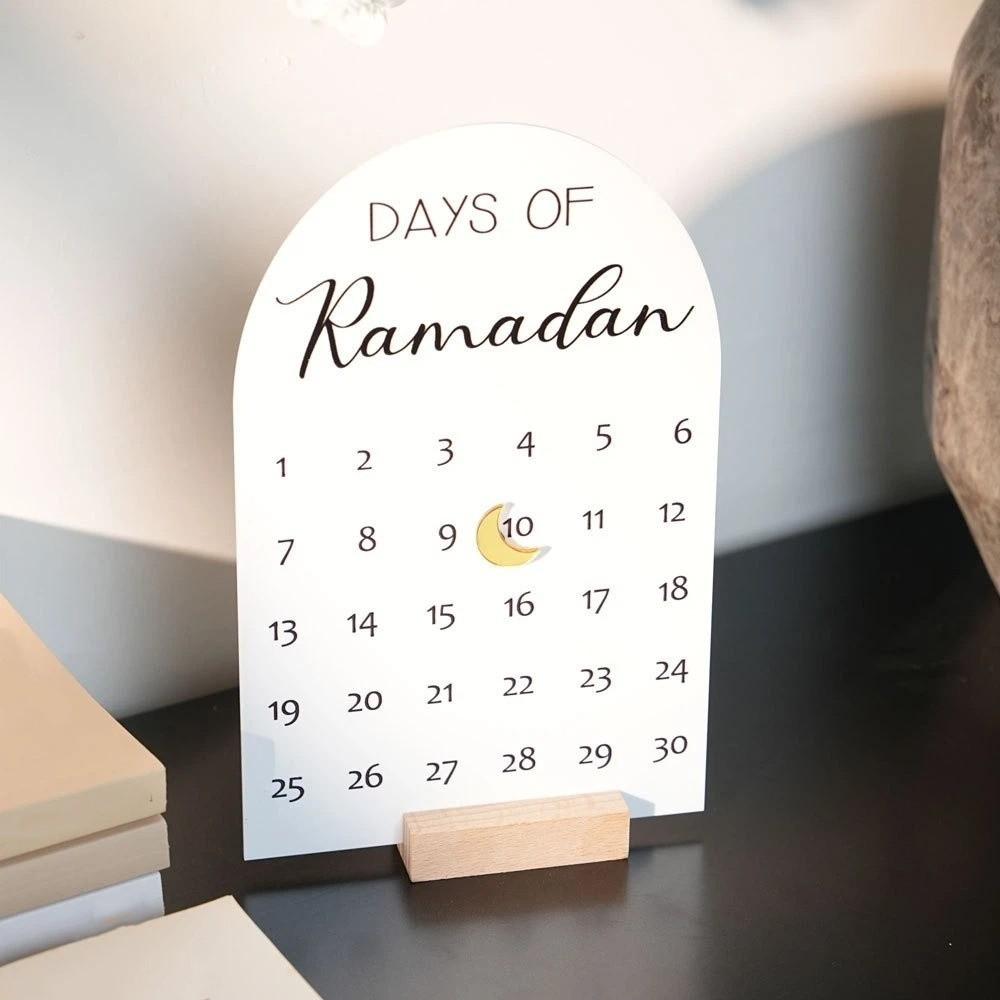 Acrylic Ramadan Advent Calendar White Mirror Wooden Base Countdown Calendar DIY Crafts 30 Days Ramadan Table Ornament