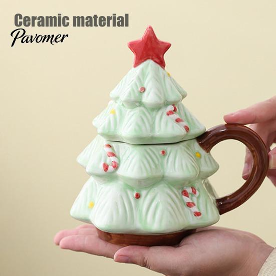 Christmas Tree Coffee Mug with Star Lid, 340ml Festive Holiday Cup for Hot Gift Girlfriend at Cocoa And Milk, Retro Curved Handle Microwave