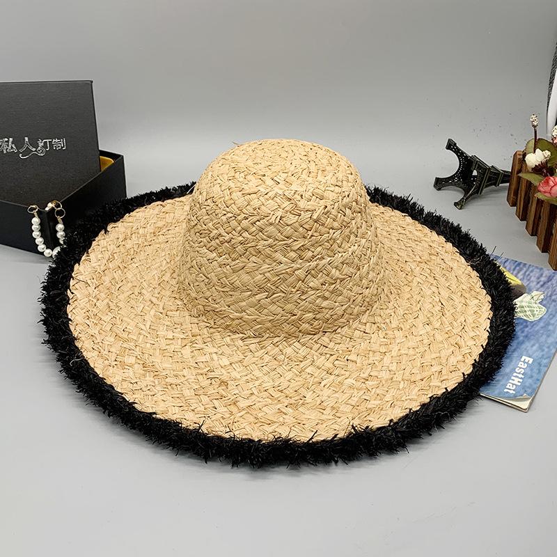 Natural Lafite Straw Hat Sunscreen Large Brim Beach Hat Trendy Foreign Style Color Fur Edge Dome UV Protection Sun Visor