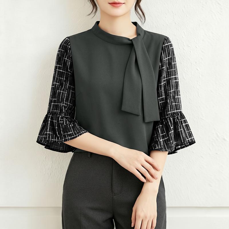 ZANZEA Women Casual Stand Collar Splice 3/4 Sleeve Loose Blouse S