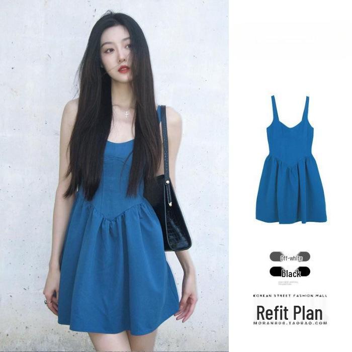 

Шикарное синее платье-майка на завязках для миниатюрных женщин - милый летний стиль X-Large