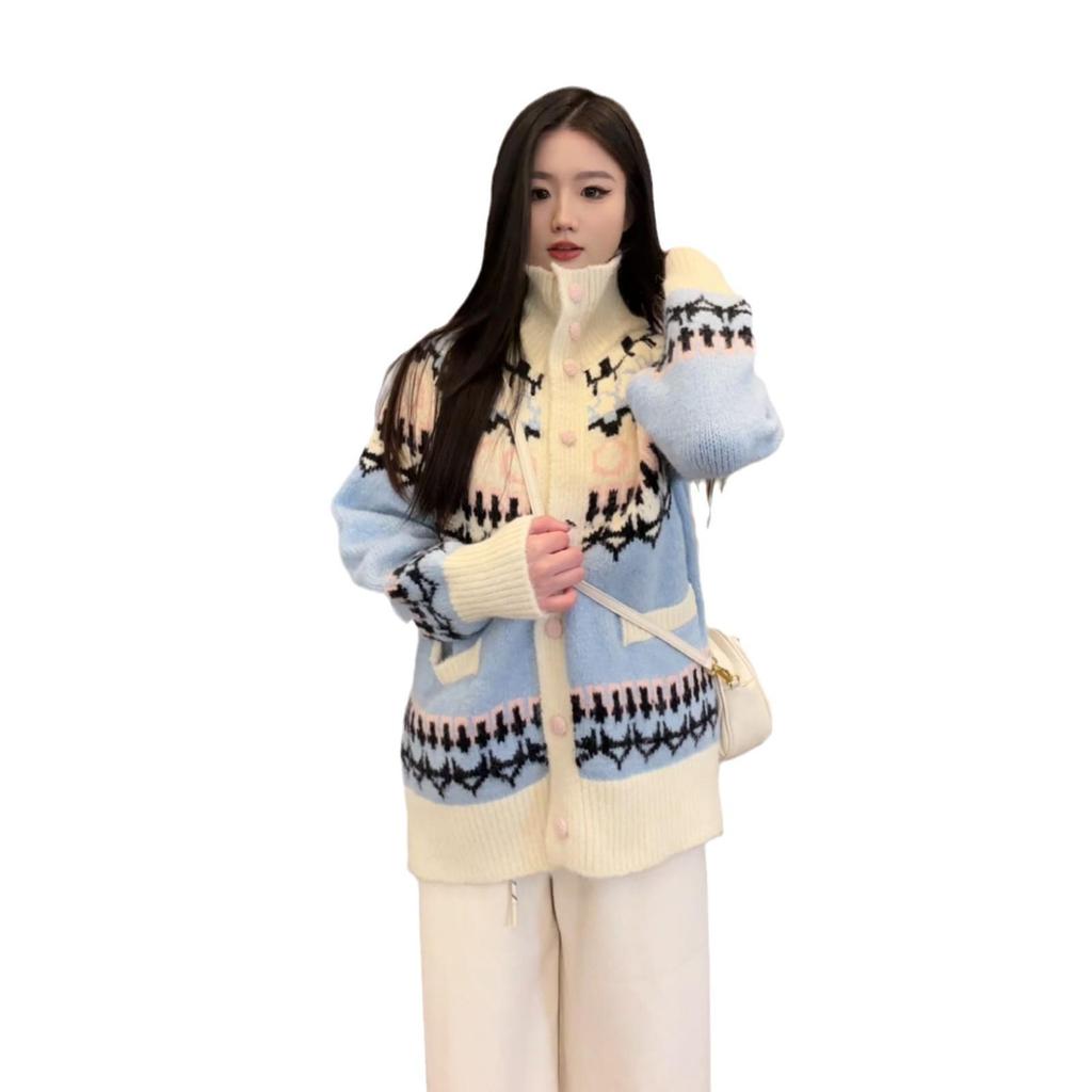 2024 Women's Fair Isle Jacquard Cardigan: Cozy Turn-Down Collar, Loose Fit for Autumn/Winter