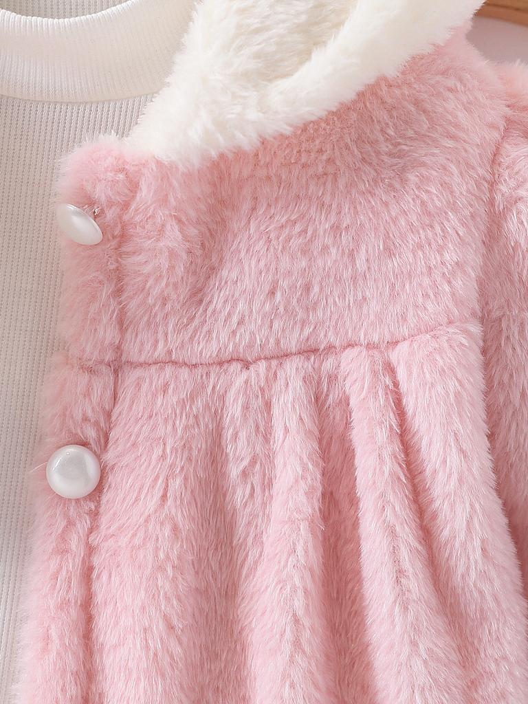 Baby girl's pink hooded plush coat for autumn and winter, thick and made of faux rabbit fur, a short plush cardigan for outdoor wear