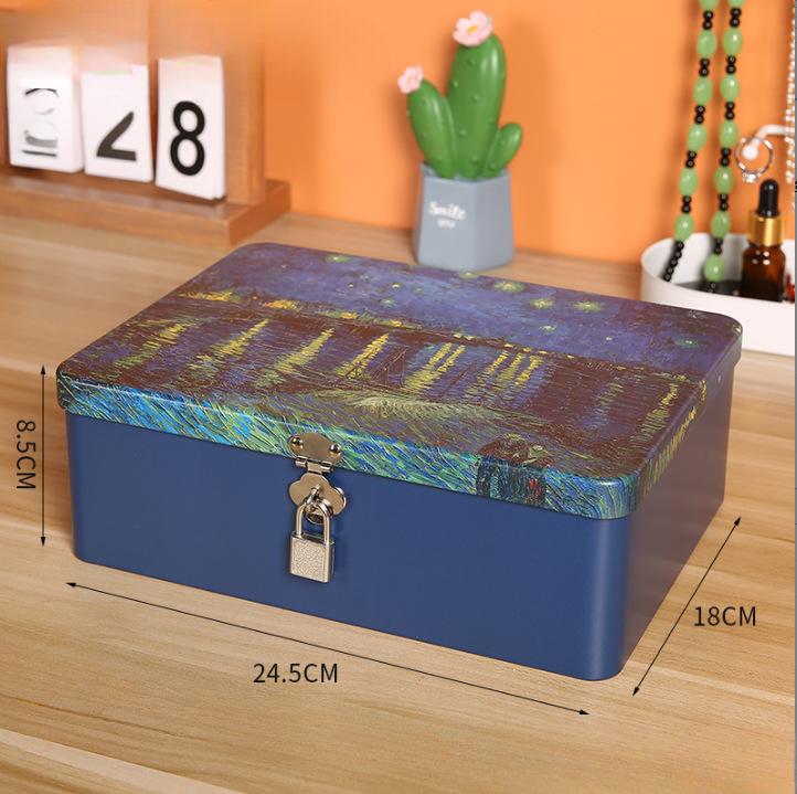 Iron Box with Lock and Key Desktop Storage Box Retro Tinplate Cosmetics ID Storage Household Jewelry Storage Empty Box