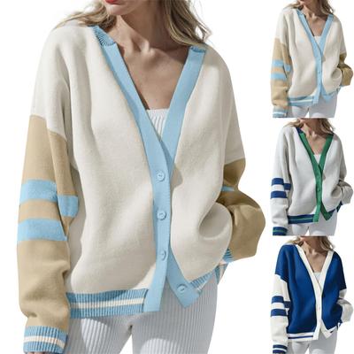 Moda Mujer Suéter Casual a Rayas de Punto de Manga Larga con Cuello en V y Botones Sueltos