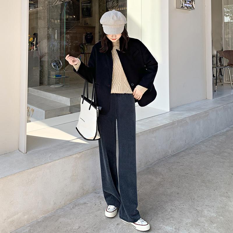 

Осенние повседневные свободные женские брюки с высокой талией, зимние однотонные элегантные широкие брюки из синели, женские флисовые теплые винтажные прямые женские брюки 25684 2XL темно-синий