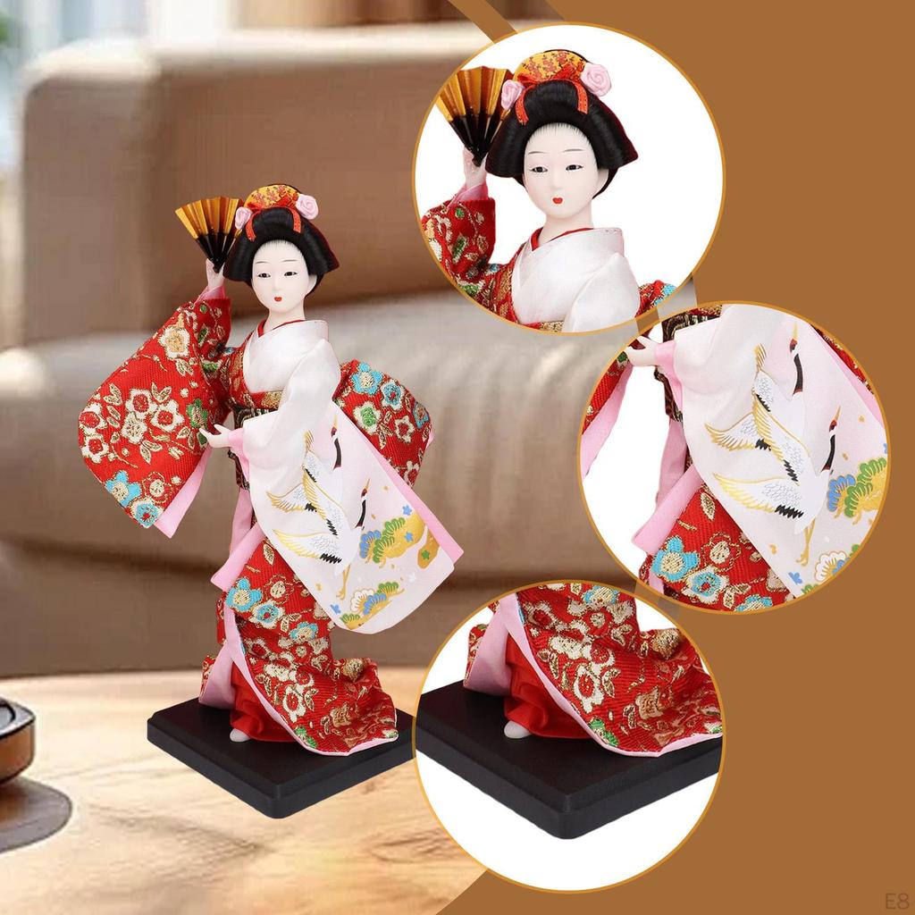 23cm Ethnic Japanese Geisha Doll Collectible Figurine, Vintage Kimono Girl Statue for Table