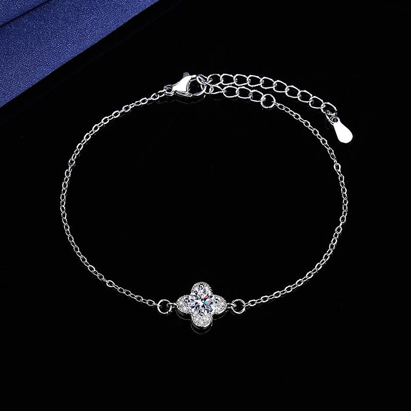 Bracelet Style Mori en Argent S925 & Ensemble Boucles d'Oreilles Zircon Trèfle à Quatre Feuilles pour Femmes