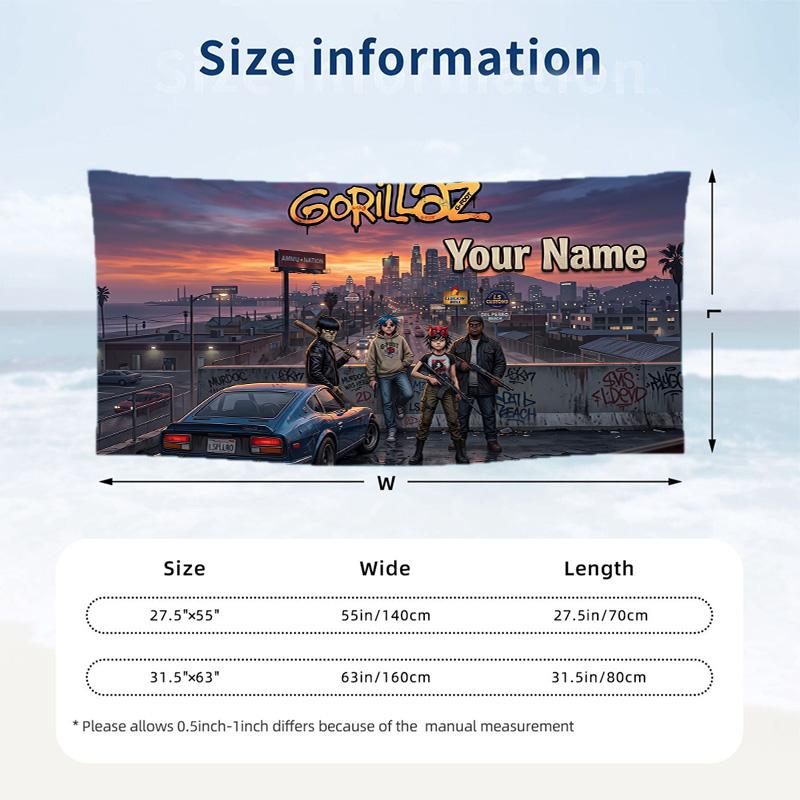 Custom Text Beach Towel, Soft Absorbent Swimming Multi-use TowelGorillaz