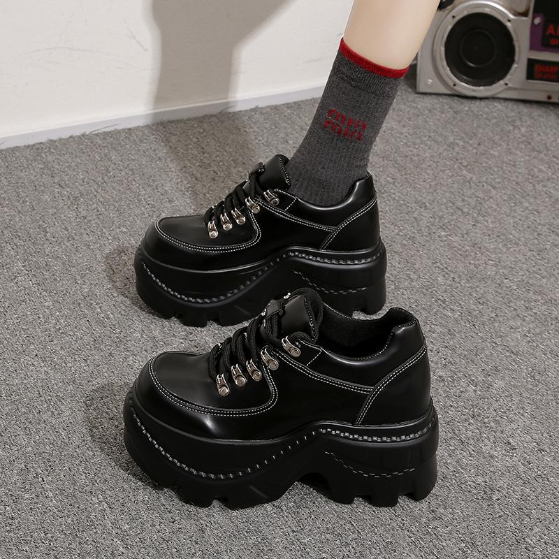 Goth Babes Rock Dark Punk Round Head Heightening Versatile Lace-up Platform Muffin Shoes Subcultural Small Leather Shoes