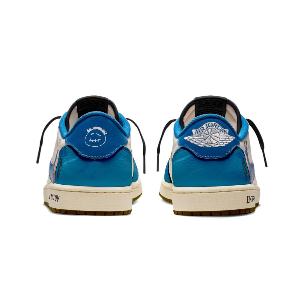 Jordan x Travis Scott Air Jordan 1 Blue Dragon Chasing Waves Slip Resistant Low top Vintage Basketball Shoes Women's DZ4137-700(Team2042-)