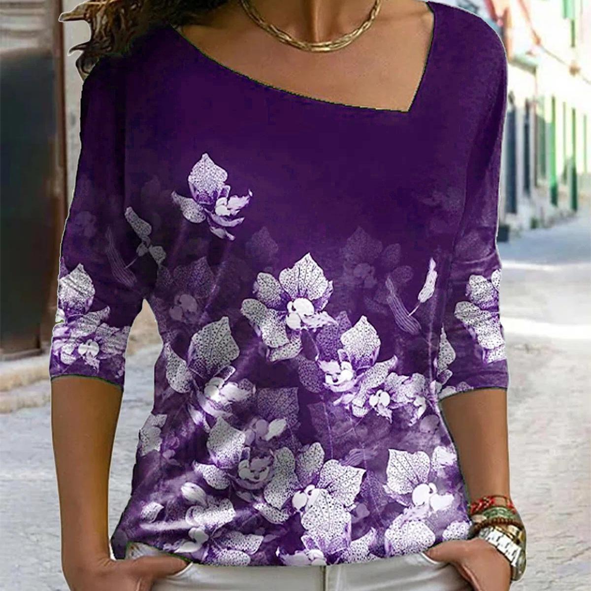 

Женские футболки с цветочным принтом, весенне-осенние топы, свободный топ с нерегулярным v-образным вырезом, повседневная футболка с длинным рукавом 5XL