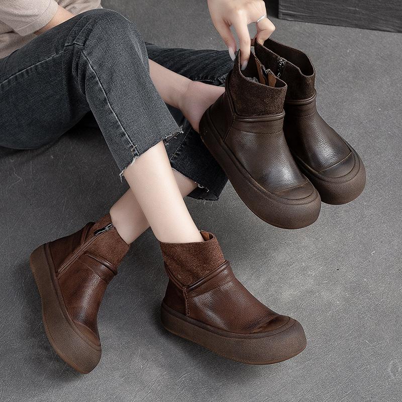 Fashion GKTINOO Winter Genuine Leather Ankle Boots Round Toe 2025 Handmade Lady Soft Flat Shoes Comfortable Side Zip Ankle Boots Size 40