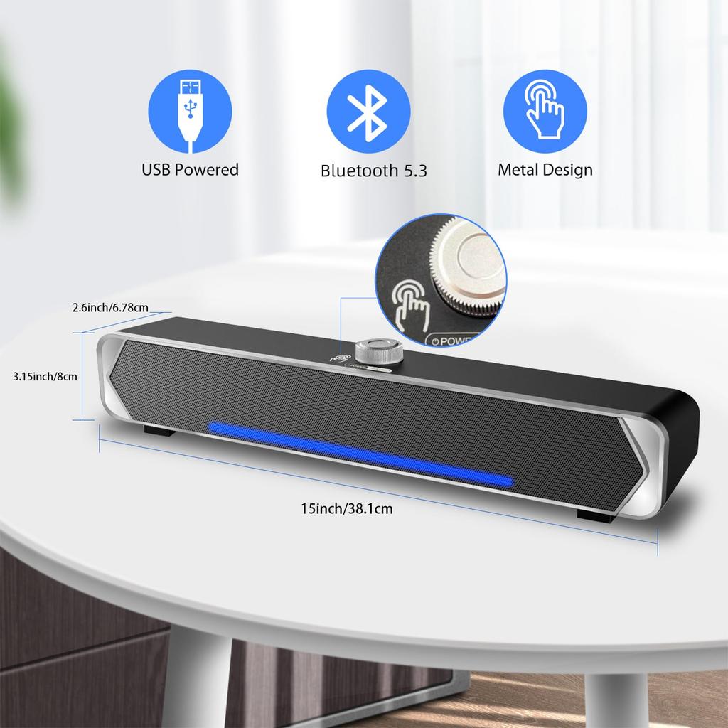 PHISSION USB-Powered Stereo Soundbar with AUX Connection for PC Speakers, TVs, Desktops, PCs, and Smartphones