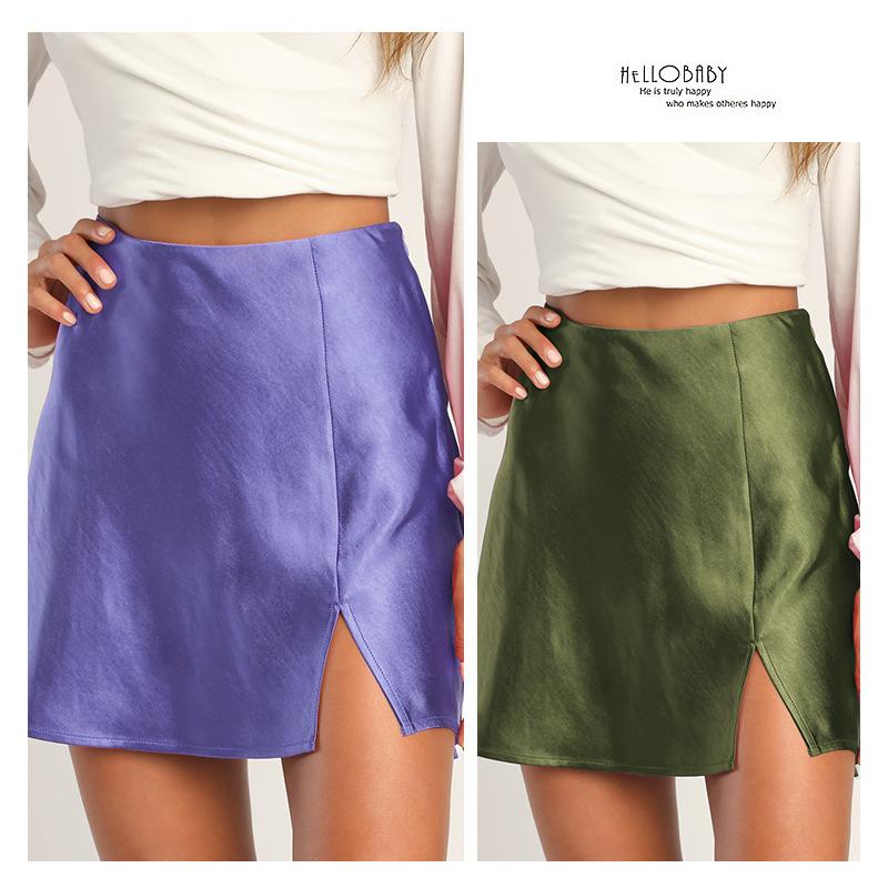 Women Brown High Waist Satin Side Split A Line Mini Skirt