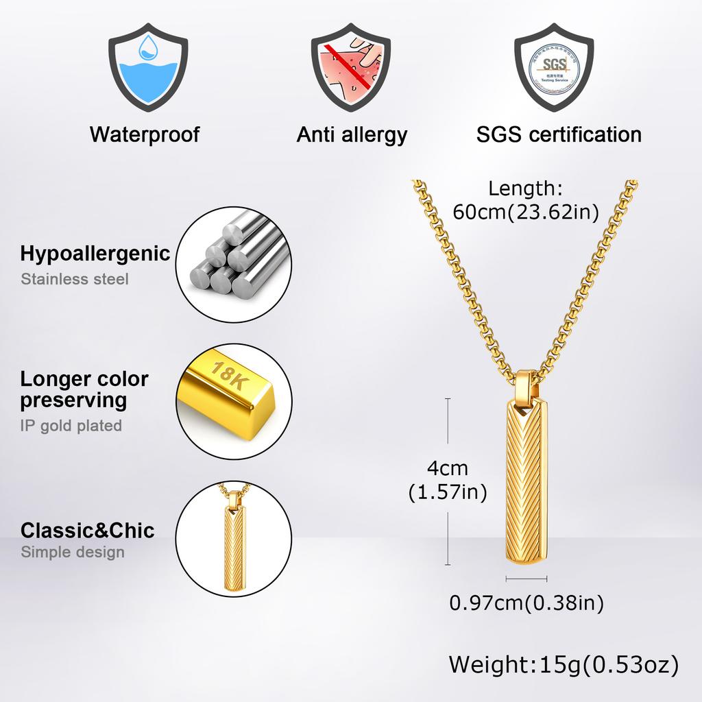 Mens Vertical Pendant Necklaces,Embossing Radiation Sunburst Stainless Steel Long Bar Collars,Male Jewelry Gifts for Him BBF