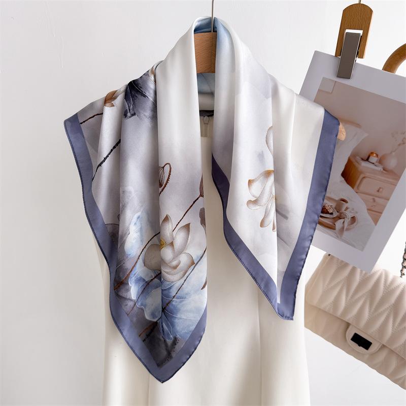 National Style Ink And Wash Lotus Print Silk Scarf Square Scarf High-End Shawl Versatile Neck Small Square Scarf Headscarf