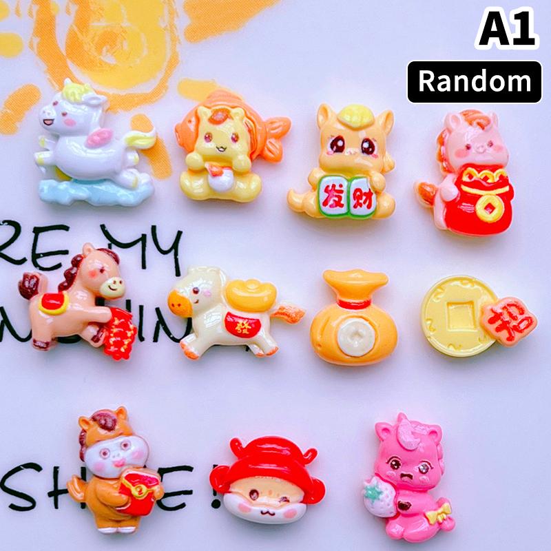 10Pcs 2026 The Year Of Horse Accessories Nail Art Charms Horse Yuanbao Lucky Bag Design Resin Nail Art Rhinestion Decoration