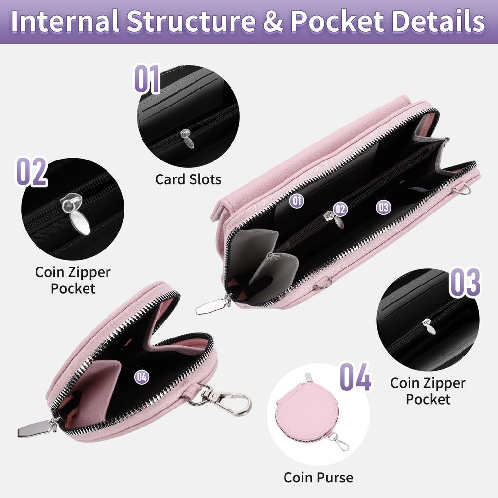 uxcell Women's Shoulder Bag with Strap, Cell Phone Wallet, and Coin Compartment, Pink