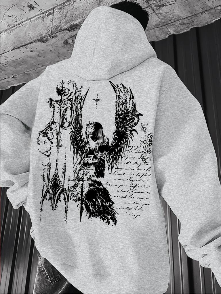Occult‑goth Men Hoodie Fashion Back‑grunge‑wing‑maiden‑gothic‑script Decor Print Pullover For Soft Relaxed Casual Street Wear