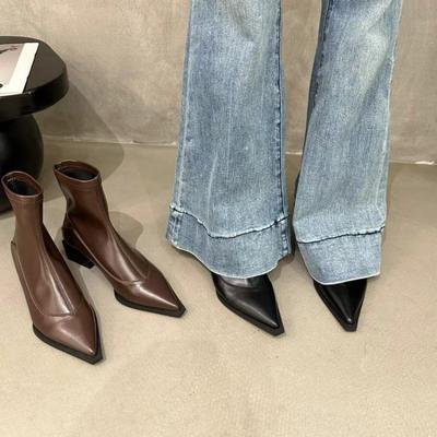Mode Comemore Damen Elegante Quadratische Niedrigen Absatz Hohe Qualität Leder Schuhe Winter frauen Stiefeletten Mode Spitz Zehe Kurze Botas