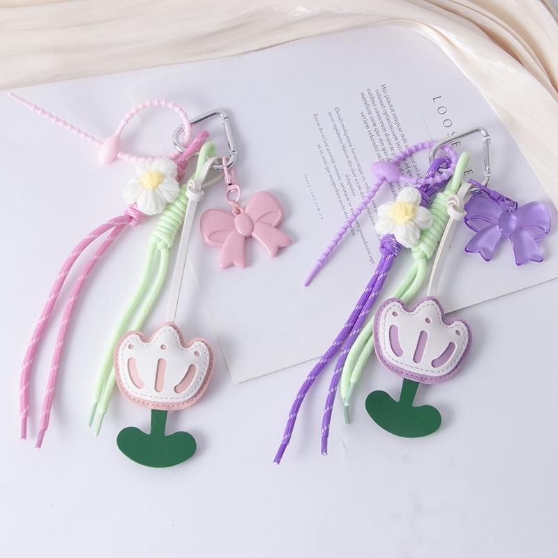 3D Flower Design DIY Leather Backpack Pendant One-piece Weave Rope Creative Key Ring Decoration.