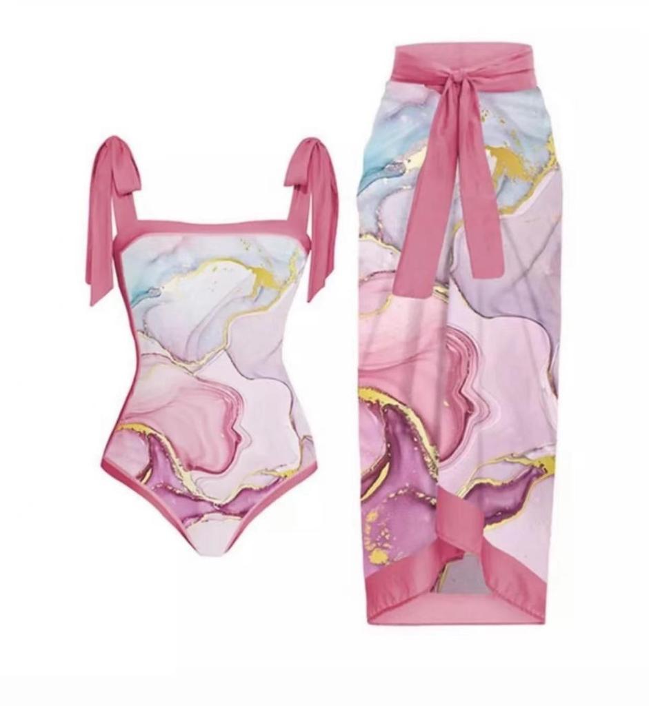 2Pcs/Set Women Printing Monokini with Skirt Sling Bandeau One-Piece Hot Spring Swimsuit with Beach Cover Up
