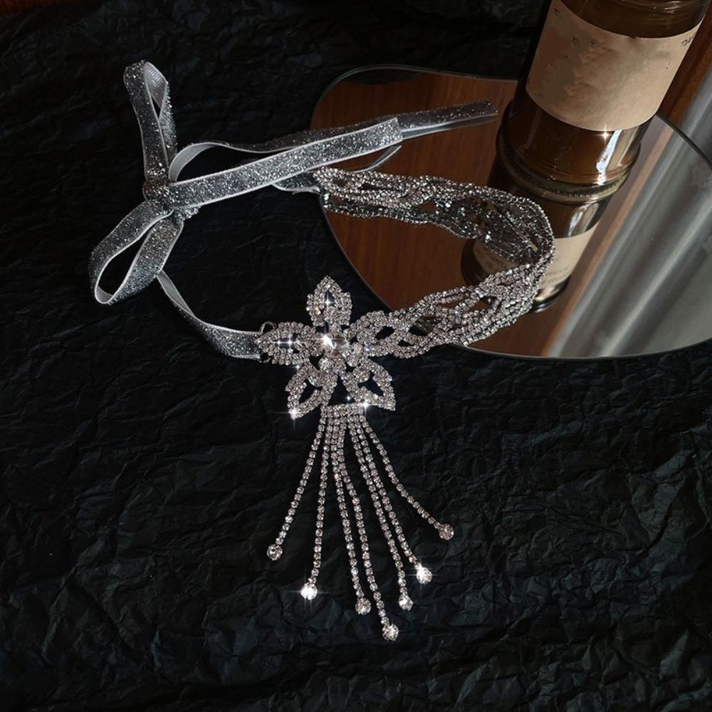 Shiny Rhinestone Flower Necklace Hollow Lace Up Necklace Headband Exaggerated Necklace  Bride