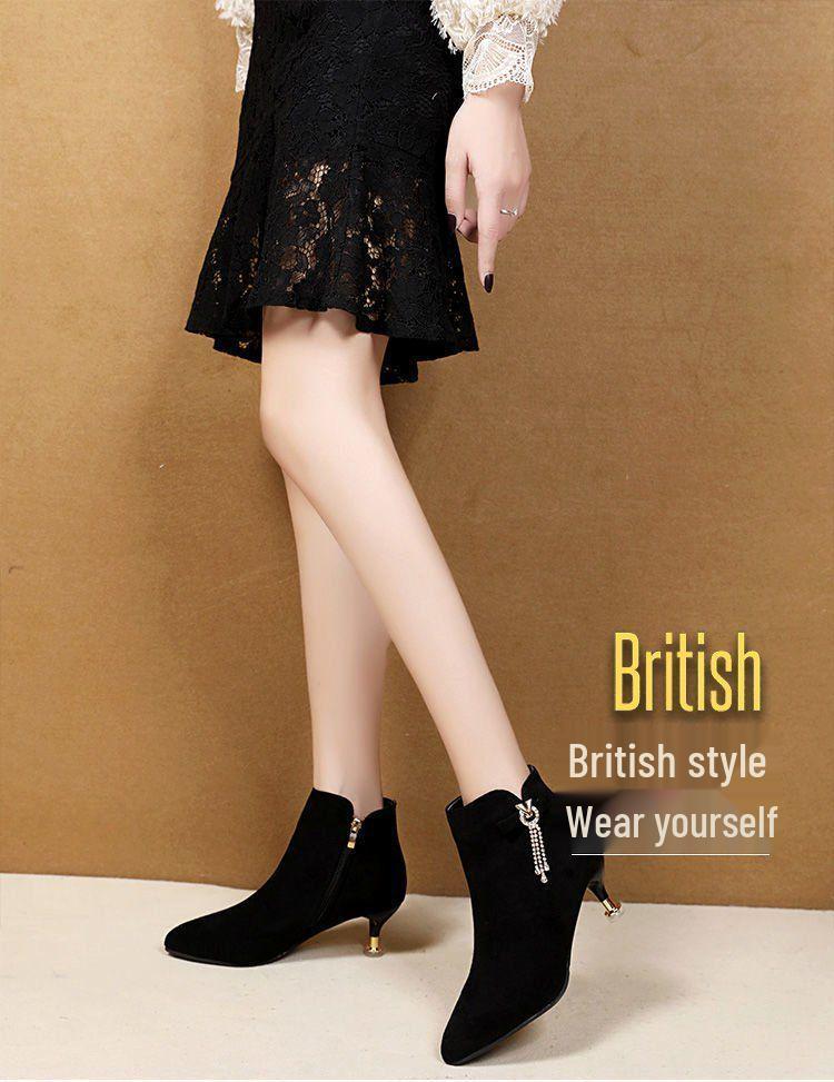 Ghete de gleznă Martin cu vârf ascuțit, cu catifea plusată, toc mic, versatile pentru exterior pentru toamnă și iarnă.