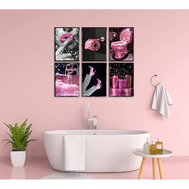 6Pcs Fashion Bathroom Canvas Wall Art Black and Pink Glam Glitter Tissue Funny Modern Women Painting Pictures Wall Decor Poster Print Artwork for