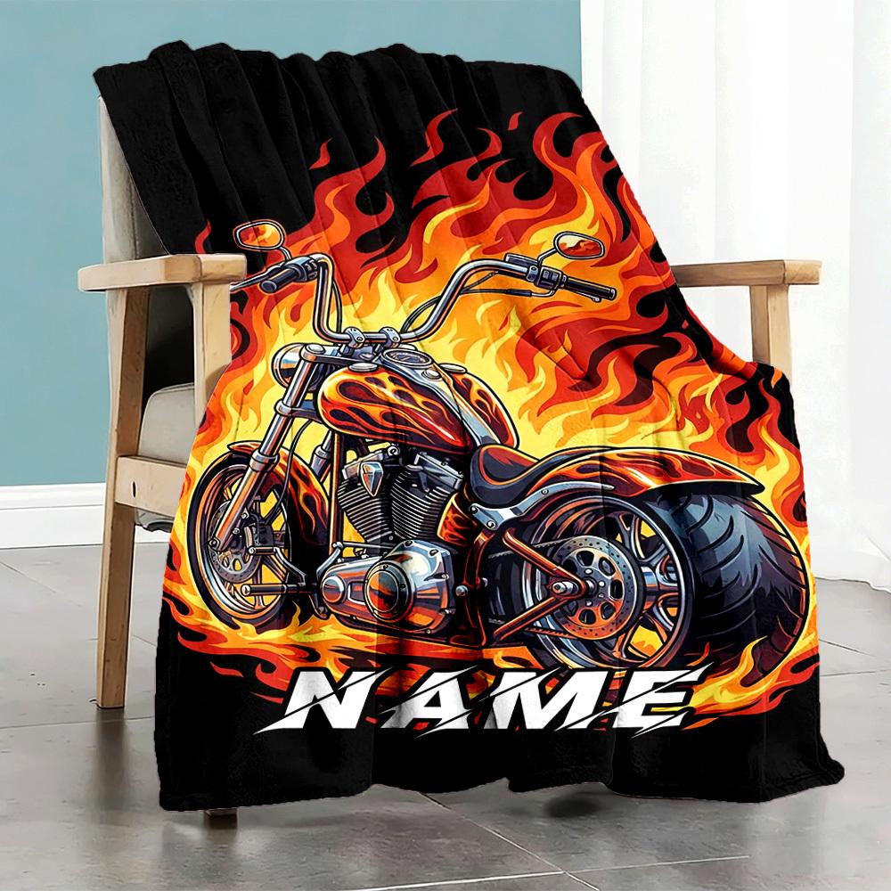 Motorcycle Flames Home Customize Your Name Blankets Comfortable Soft Lightweight Allseason Multipurpose Blanket For Picnics Sofas Offices Beds Living