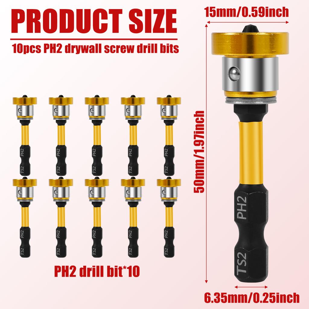 10pcs Magnetic Positioning Screwdriver Bits PH2 Bits Drywall Screw Setter 50mm PPlasterboard Screws Locating Batch Head Drilling