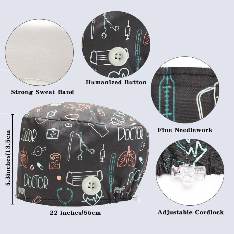 Cartoon Printed Nursing Caps Men Women Medical Hats Adjustable Long Hair Pet Dental Clinic Doctors Scrub Hat
