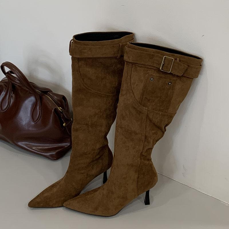 Eilyken Street Style Design Strap Buckle Pointed Toe Women Knee High Boots Sexy Thin High Heels Banquet Party Shoes