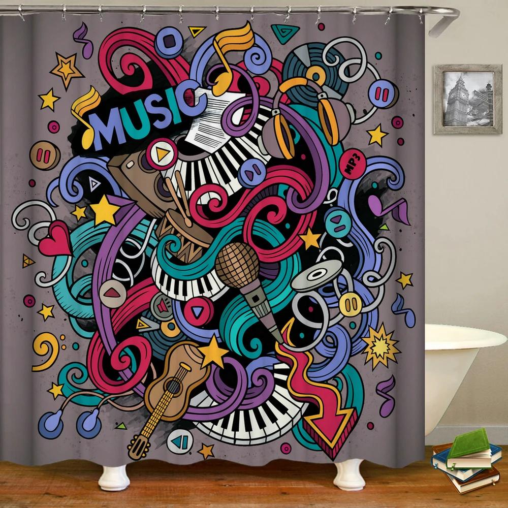 Music Rock Guitar Shower Curtains Modern Bathroom Curtains 3D Printed Decoration Waterproof Cloth With 12 Hooks Bath Curtain