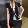 Pure desire wind short-sleeved t-shirt women's summer ootd wear new black lace design beautiful small top