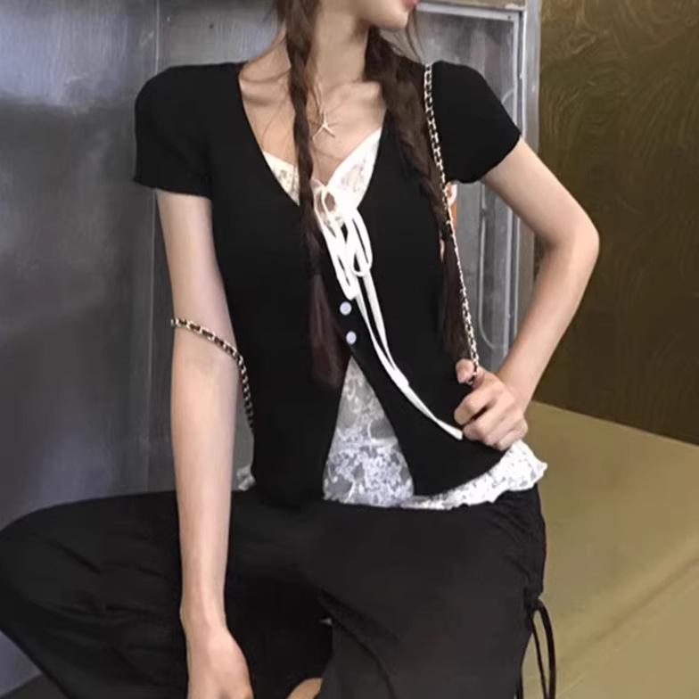 Pure desire wind short-sleeved t-shirt women's summer ootd wear new black lace design beautiful small top