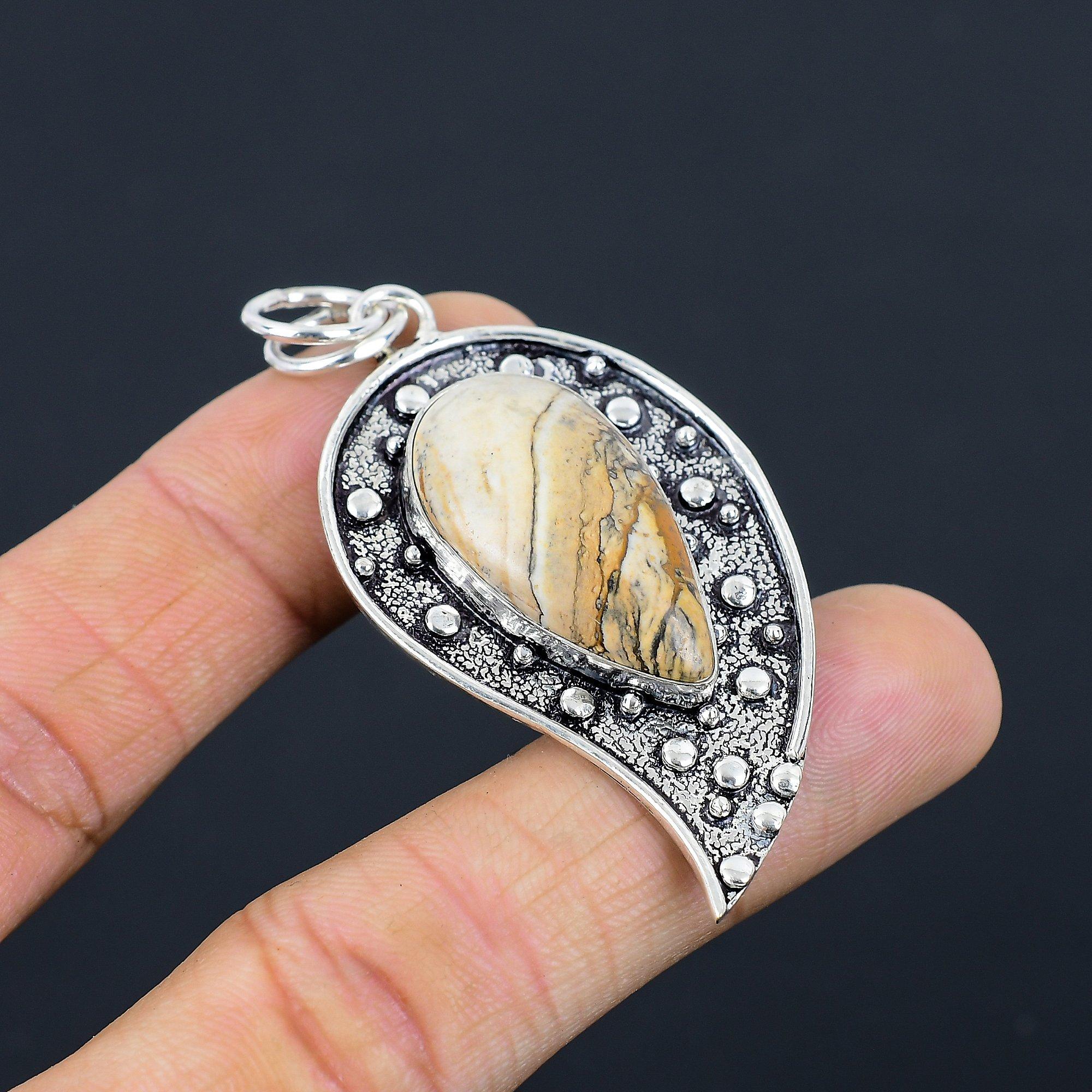 

Wedding Gift For Her 925 Sterling Silver Natural Picture Jasper Gemstone Pendant