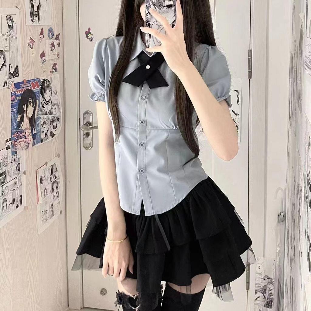 Japanese Academy Style Women's Short-Sleeved Shirt & Fluffy Layered Skirt Set