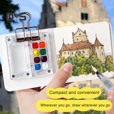 Mini boîte de peinture aquarelle, ensemble de voyage de poche pour artiste, palette de 8/15 couleurs, bois de noyer, clip en métal, stylo aquarelle portable