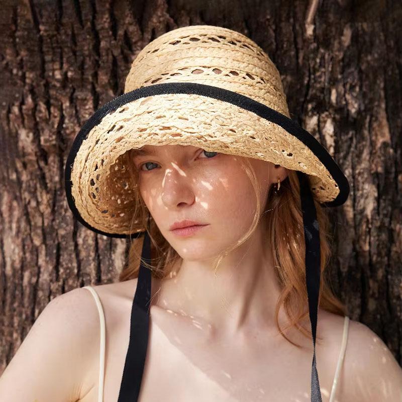 INS Mode atmungsaktiver hohl gewebter Raffia-Sonnenhut für Damen Sommer Rollrand Band Strandstrohhut