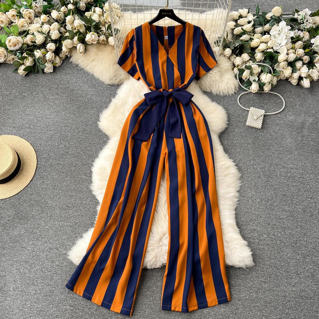Women Jumpsuits Fashion V Neck Lace Up Loose Wide Legs Pants  New Design OL Color Block Stripe Bodysuits