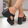 Sexy Black Pu Chunky Platform Super High Heel Slides Women 2025 Summer Wedge Heel Slippers Casual Square Toe Beach Sandals
