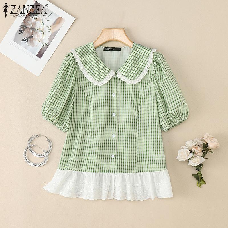 ZANZEA Women Casual Turn Down Collar Summer Short Sleeve Grid Blouse