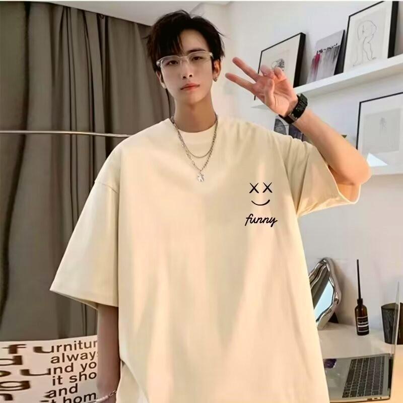 Japanese Style Original Minimalist Smiley Face Printed Casual Loose T-shirt M-8XL Top For Men