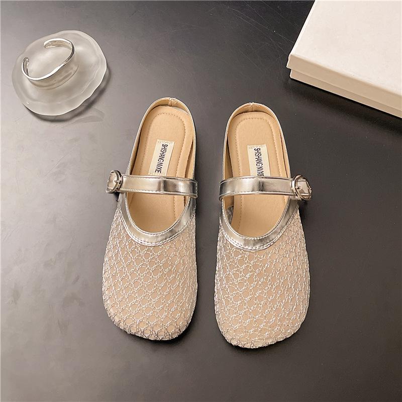 

Дышащие туфли-мэри джейн из французской сетки на плоской подошве, женская обувь 2025, новые весенне-летние, ретро, универсальные, крутые тапочки 40 серебряный