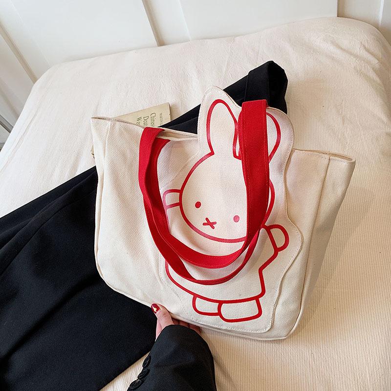 Charming Rabbit Canvas Tote: Large Capacity, Fresh Design, Women's Shoulder Bag 2025