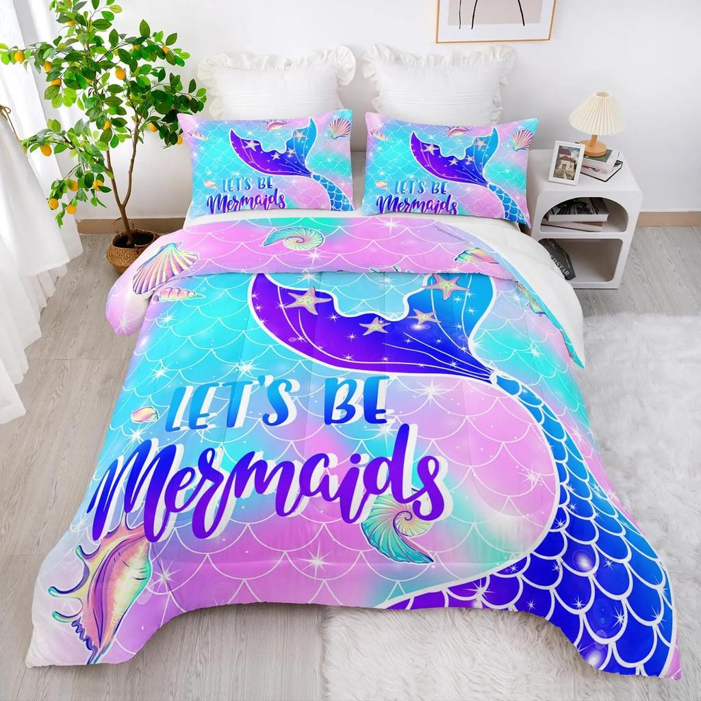 Pink Mermaid Bedding Set Comforter Twin for Kids, Glow In The Dark Mermaid Bedding Sets with Decor Pillow,3 Pieces Girls Bed Set