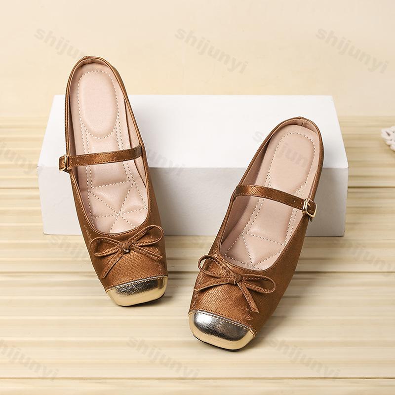 Fashion Flat bottomed color blocked bow design half slippers for women spring 2025 new elegant Mary Jane elegant casual cool slippers